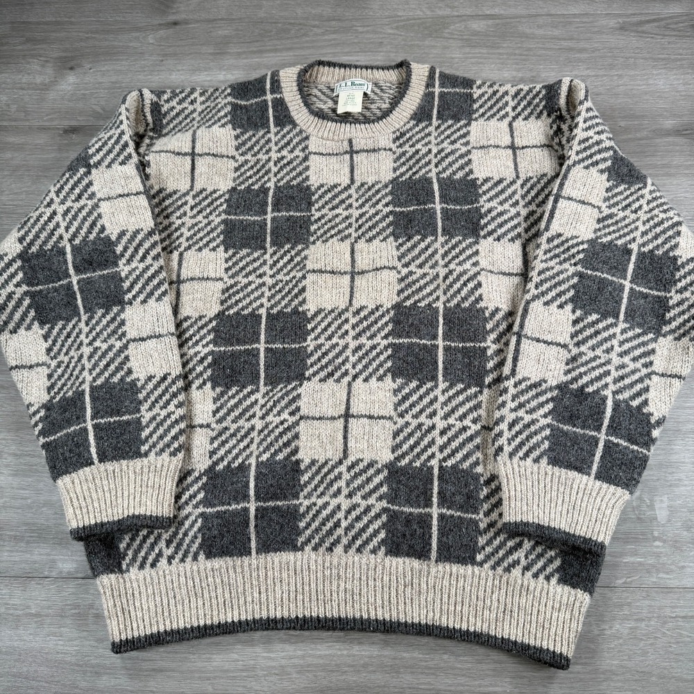 Vintage LL Bean Wool Sweater USA Crew Neck Gray Plaid Mens Large